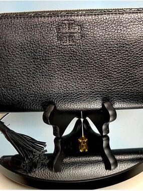 Tory Burch Black Pebbled Leather Zip Wallet with Tassel